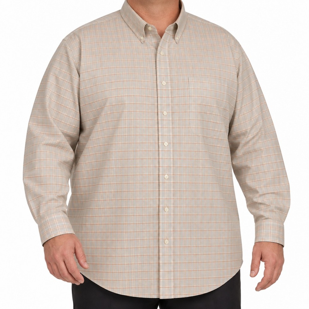 Paul Fredrick Dress Shirt Men 22 36 Big Tall Beige Non Iron Cotton Plaid Formal